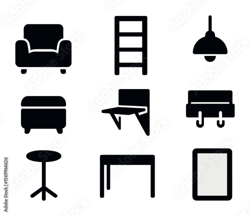 Modern Space Icons. Solid, filled icons set of small space statement pieces: compact armchair, tall narrow