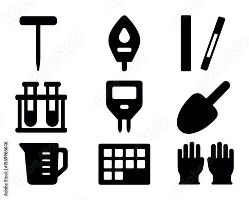 Soil Testing Tools Icons. Solid, filled icons set of soil testing tools: soil probe, moisture meter, pH strip,