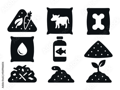 Garden Soil Enrichment Icons. Solid, filled icons set of enriching garden soil: compost, manure bag, bone meal