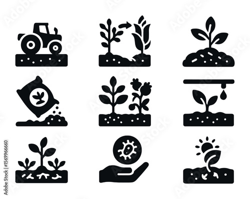 Sustainable Soil Practices Icons. Solid, filled icons set of sustainable soil practices: no-till farming, crop
