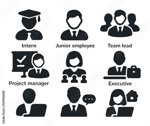 Workplace Roles Icons. Solid, filled icons set of workplace roles and titles: intern, junior employee, team