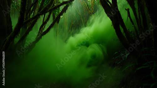 Fototapeta Naklejka Na Ścianę i Meble -  An enchanting forest scene unveils a mystical green smoke swirling through the trees