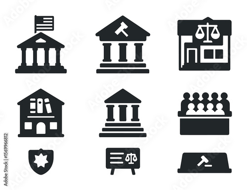 Justice System Icons. Solid, filled icons set of justice system infrastructure: federal court, state court,