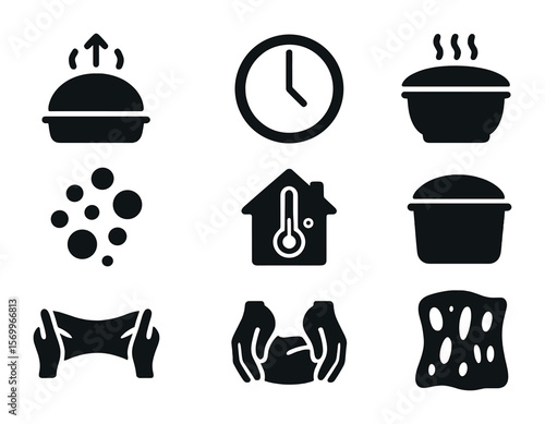 Fermentation Icons Set. Solid, filled icons set of fermentation process: rising dough, time clock, covered