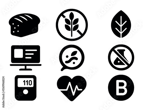 Healthy Bread Icons. Solid, filled icons set of bread and health symbols: whole grain icon, gluten-free sign,