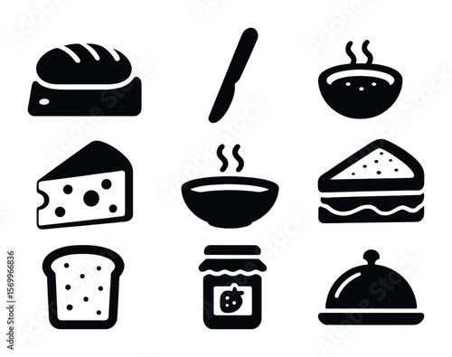 Artisan Bread Icons. Solid, filled icons set of serving artisan bread: bread board, butter knife, dipping oil