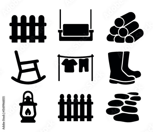 Country Home Icons. Solid, filled icons set of country home elements: wooden fence, porch swing, firewood pile