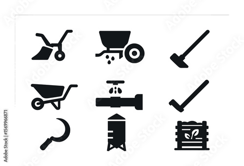 Farming Equipment Icons. Solid, filled icons set of farming equipment: plow, seed spreader, hay baler,