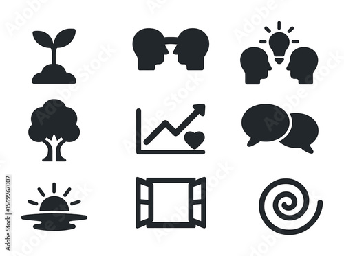 Icons of Growth. Solid, filled icons set of growth through dialogue: sprouting seed, bridge between heads,