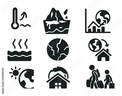 Climate Change Icons. Solid, filled icons set of climate change and water: rising thermometer, melting glacier