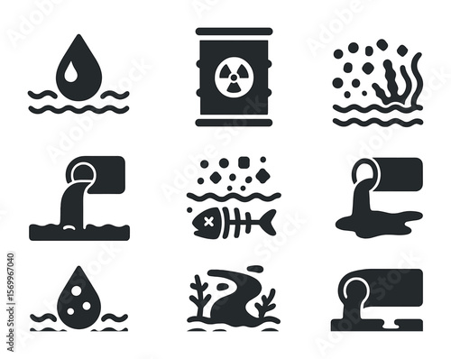 Water Pollution Icons. Solid, filled icons set of water pollution and contamination: oil droplet in water,