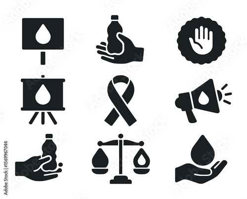 Clean Water Icons. Solid, filled icons set of clean water advocacy: protest sign with droplet, volunteer hand