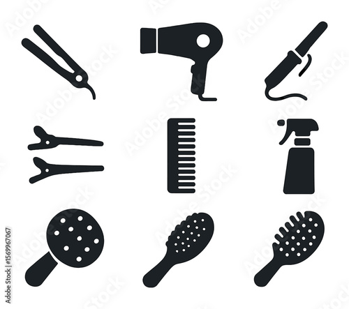 Hairstyling Tools Icons. Solid, filled icons set of hairstyling tools and accessories: flat iron, hair dryer,