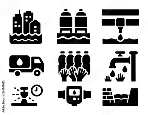 Urban Water Stress Icons. Solid, filled icons set of urban water stress: city skyline with water level,