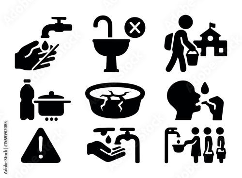 Water Scarcity Icons. Solid, filled icons set of daily life and water scarcity: hand washing with no water,