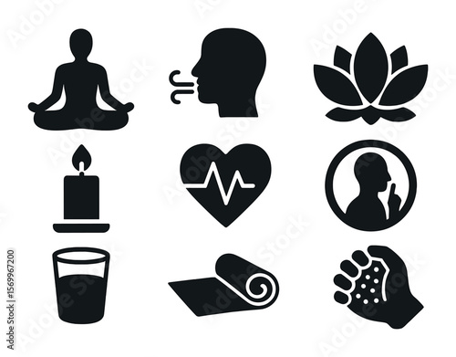 Mindfulness Icon Set. Solid, filled icons set of executive mindfulness and wellness: yoga pose, breathing icon
