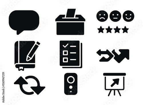 Feedback Icons Set. Solid, filled icons set of feedback and reflection at retreats: speech bubble, suggestion