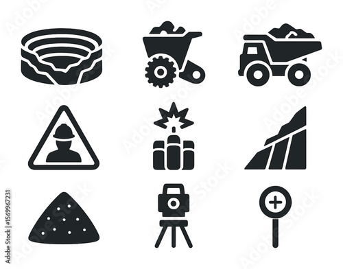 Surface Mining Icons. Solid, filled icons set of surface mining operations: open-pit mine, rock crusher, haul