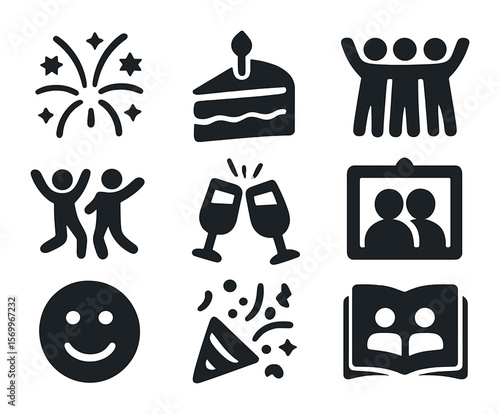 Iconic Team Celebration. Solid, filled icons set of team celebration and bonding moments: fireworks icon, cake