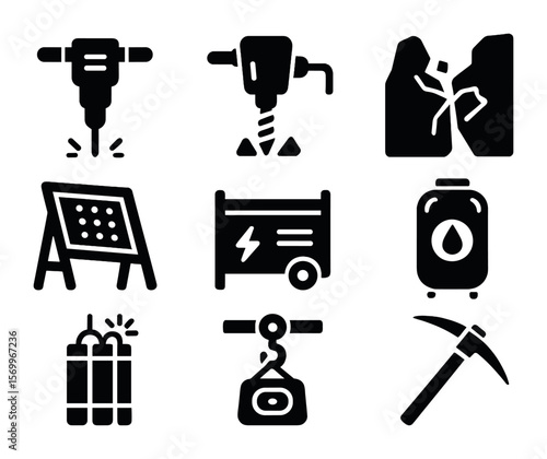 Mineral Extraction Tools Icons. Solid, filled icons set of mineral extraction tools: jackhammer, blasting