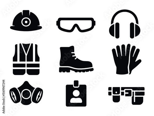 Mining Gear Icons. Solid, filled icons set of mining worker gear: hard hat, safety goggles, ear protection,