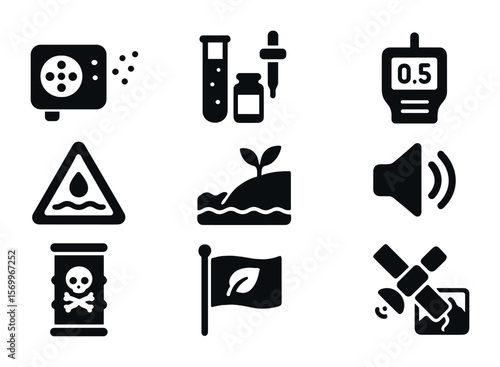 Mine Site Monitoring Icons. Solid, filled icons set of environmental monitoring at mine sites: dust sensor,
