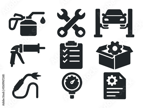 Heavy Machinery Icons. Solid, filled icons set of heavy machinery maintenance: oil can, wrench set, hydraulic