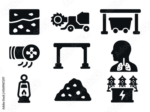 Coal Mining Icons. Solid, filled icons set of coal mining operations: coal seam, coal cutter, shuttle car,