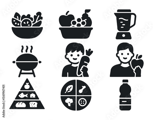Healthy Family Meal Icons. Solid, filled icons set of healthy family meals: salad bowl, fruit basket, smoothie