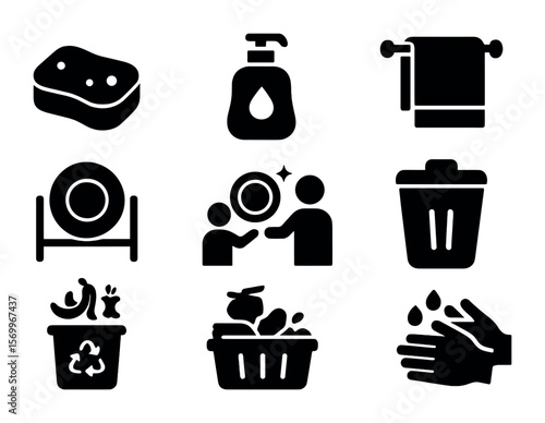 Cooking Cleanup Icons. Solid, filled icons set of cooking cleanup routine: dish sponge, soap bottle, towel,