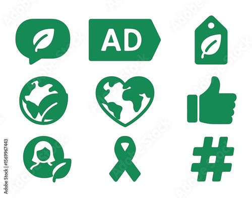 Green Marketing Icons. Solid, filled icons set of green marketing visuals: eco speech bubble, green ad banner,