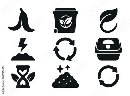 Biodegradable Icons Grid. Solid, filled icons set of biodegradable and compostable marks: banana peel icon,