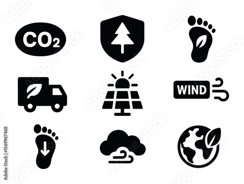 Climate Icon Set. Solid, filled icons set of climate-conscious design themes: CO2 neutral icon, tree offset