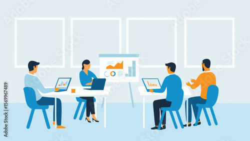 Group of people sitting around a table with laptops and presentation in a conference room setting