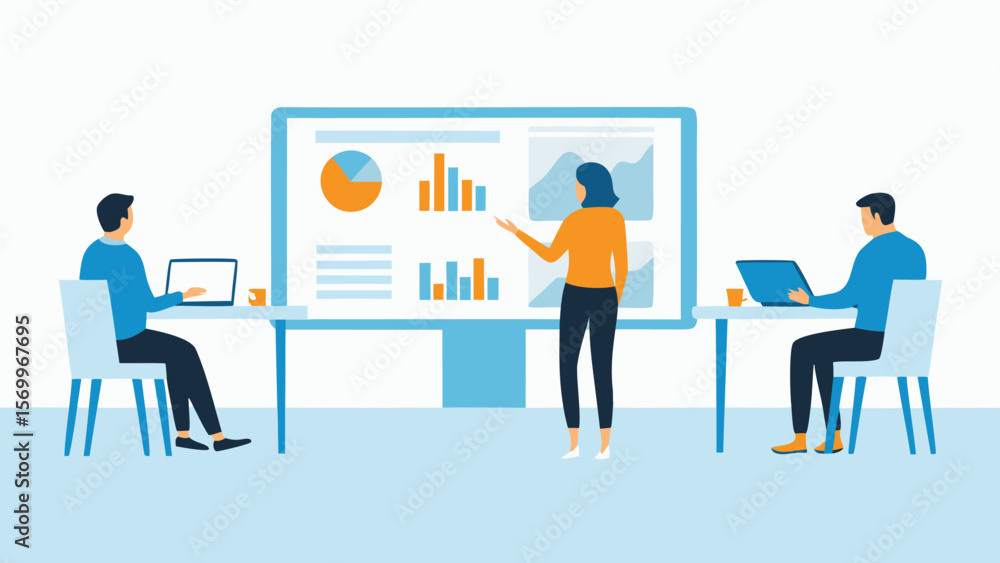 Woman presenting data charts to colleagues working on laptops in a meeting environment setting Woman presenting data charts to colleagues working on laptops in a meeting environment setting