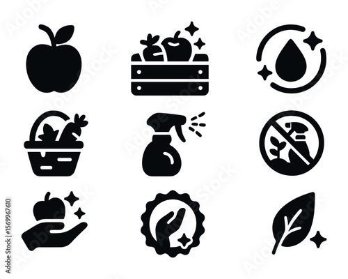 Organic Food Icons. Solid, filled icons set of organic food handling: farm apple, clean harvest bin, natural