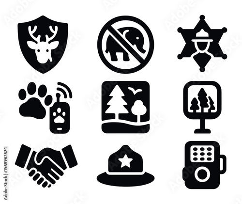 Wildlife Protection Icons. Solid, filled icons set of wildlife protection efforts: shield with deer,