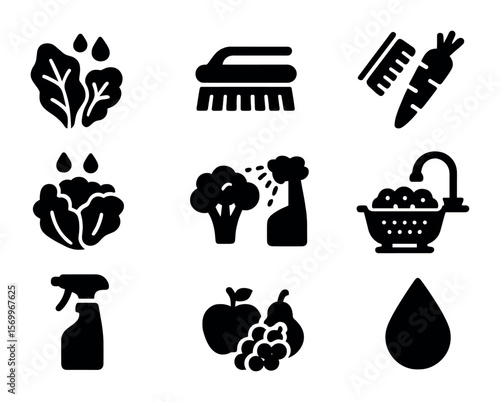 Vegetable Cleaning Icons. Solid, filled icons set of cleaning raw vegetables and fruits: leafy greens rinse,
