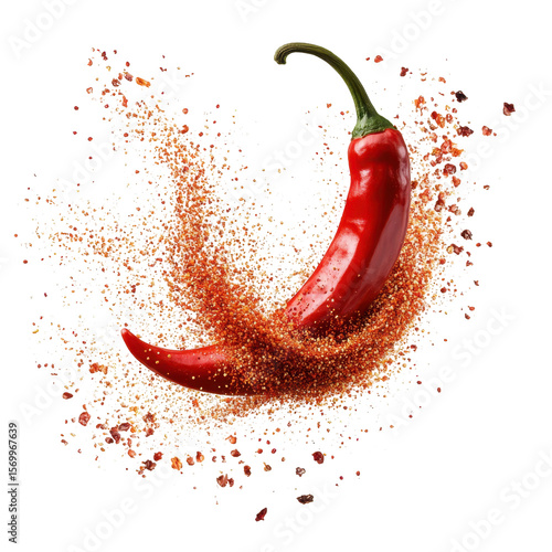 Hot Spicy Chili Pepper Powder curly splash in middle of air, Hot chili pepper powder creates a curly splash in mid-air, isolated on transparent background