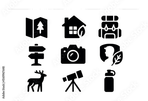 Eco-Tourism Icon Set. Solid, filled icons set of eco-tourism and nature travel: map with tree, eco-lodge icon,