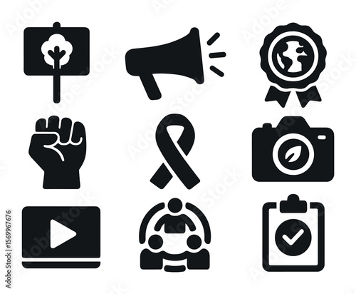 Environmental Activism Icons. Solid, filled icons set of environmental activism icons: protest sign with tree,