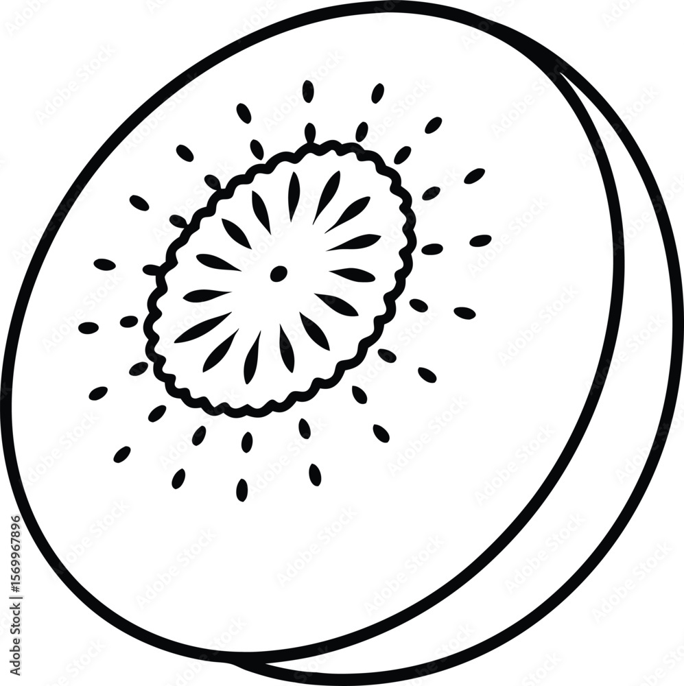 Kiwi Fruit Cross-Section: A meticulously crafted black and white illustration showcases the exquisite cross-section of a ripe kiwi fruit. Revealing its internal design and form. Kiwi Fruit Cross-Section: A meticulously crafted black and white illustration showcases the exquisite cross-section of a ripe kiwi fruit. Revealing its internal design and form.