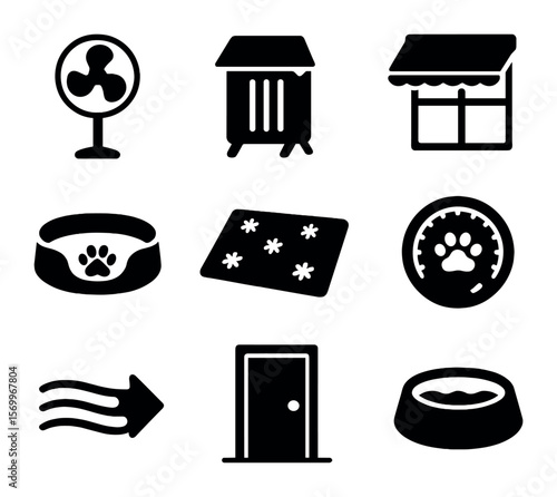 Pet-Safe Climate Icons. Solid, filled icons set of pet-safe room temperature setups: raised fan, covered