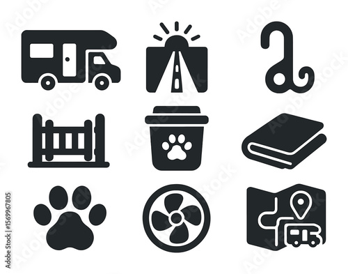 RV Pet Travel Icons. Solid, filled icons set of RV travel with pets: camper van, open road icon, leash hook,