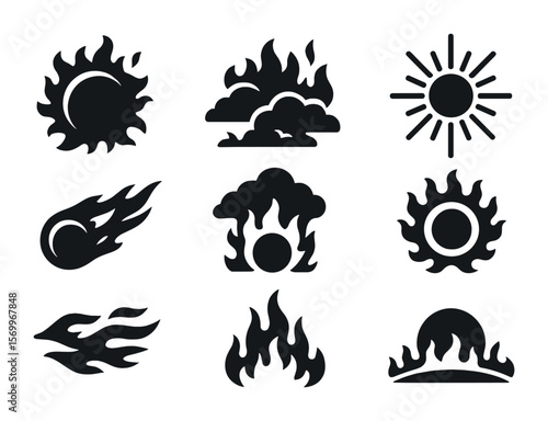 Celestial Fire Icons. Solid, filled icons set of celestial fire scenes: solar flare, firestorm sky, sunburst,