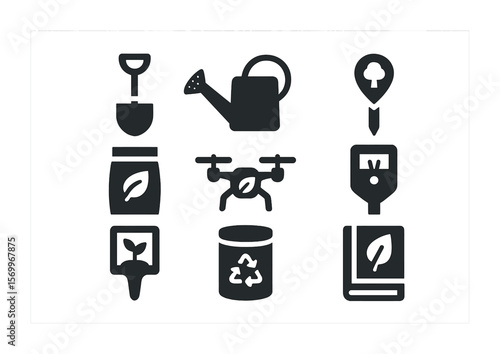 Conservation Tool Icons. Solid, filled icons set of conservation tools: shovel, watering can, tree marker,