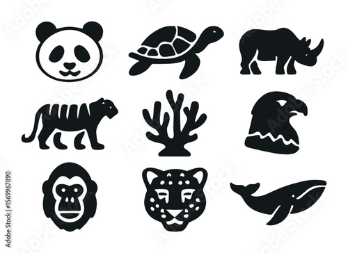 Endangered Species Icons. Solid, filled icons set of endangered species protection: panda, sea turtle, rhino,