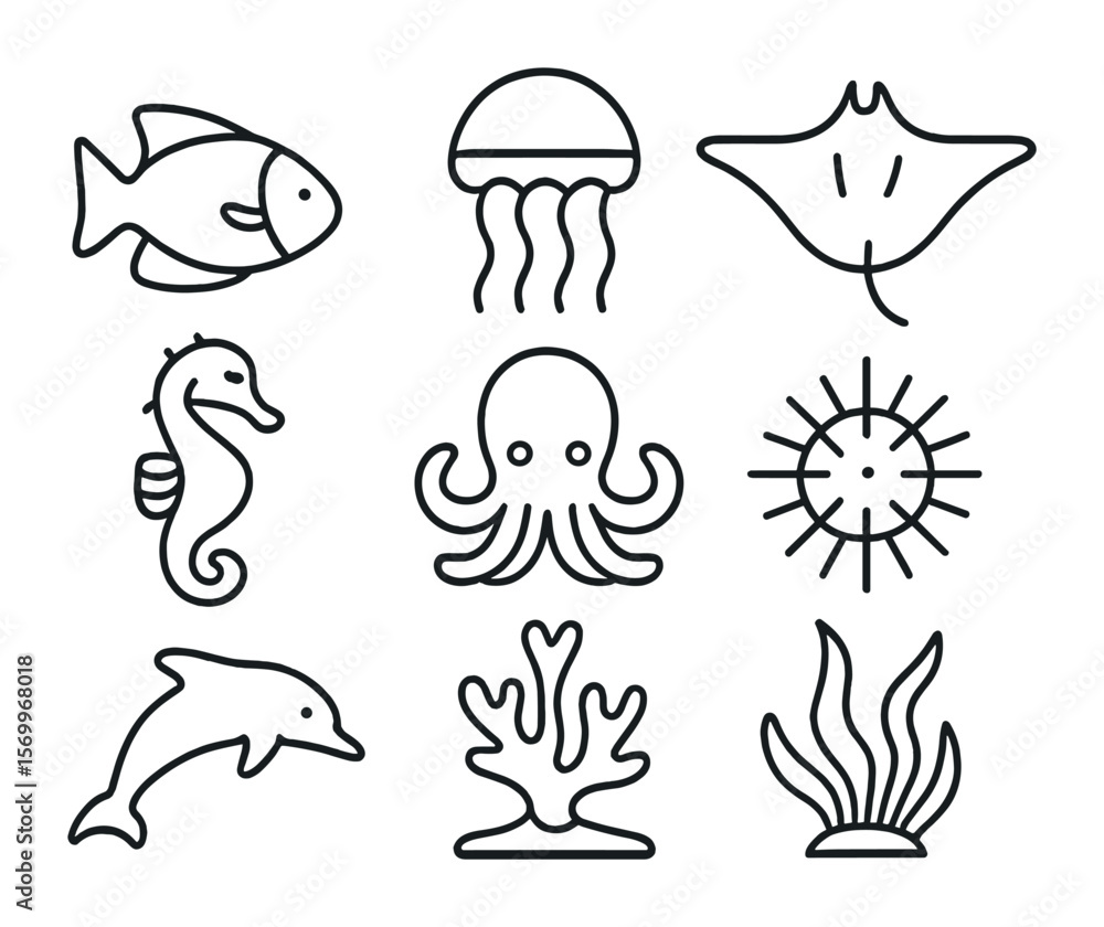 Naklejka premium Marine Life Icons. Outline icon set of marine life biodiversity: tropical fish, jellyfish, manta ray, seahorse