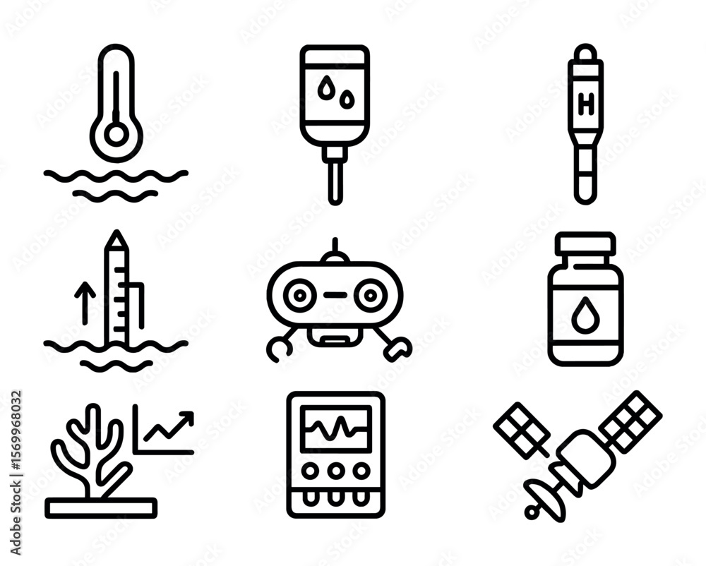 Fototapeta premium Oceanographic Research Icons. Outline icon set of oceanographic research: water temperature sensor, salinity