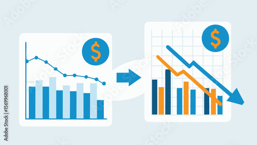 Comparison of financial decline graphs with dollar signs indicating economic downturn analysis